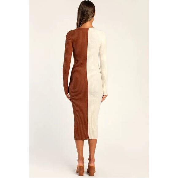 Lulus cream and brown color block stretchy ribbed midi dress - Picture 3 of 7